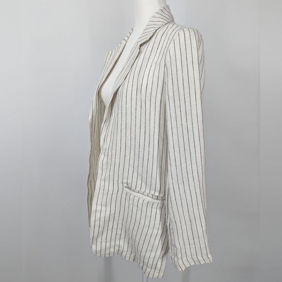 Rachel Zoe Linen White and Black Pinstriped Open Front Collared Blazer Small - Picture 2 of 10